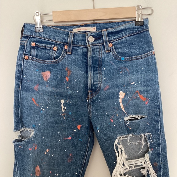 Levi’s Wedge Straight Jeans 24 Custom paint splatter Armadillo Dinosaur Patches - Picture 3 of 16